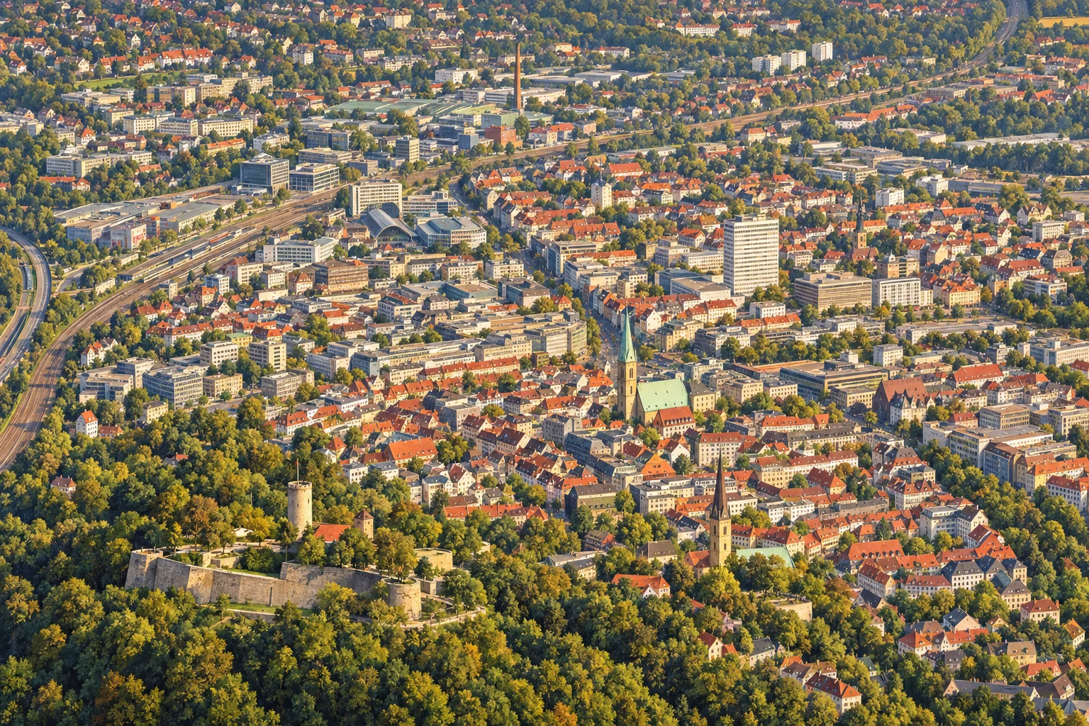 Eigenständige Illustration nach einer Bielefelder Luftansicht: Sparrenburg, Altstadt und grüne Stadtviertel.